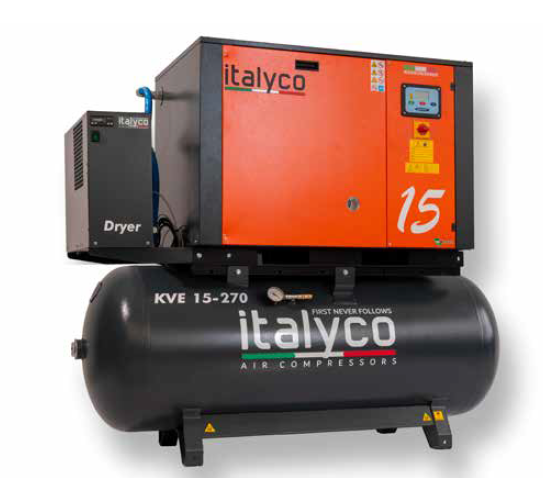 COMPRESSORE A VITE SILENZIATO ITALYCO KV 8/270 D, V400/50/3 - 270LT - 7,5HP - 5,5KW - 10 BAR CON ESSICCATORE ESTERNO
