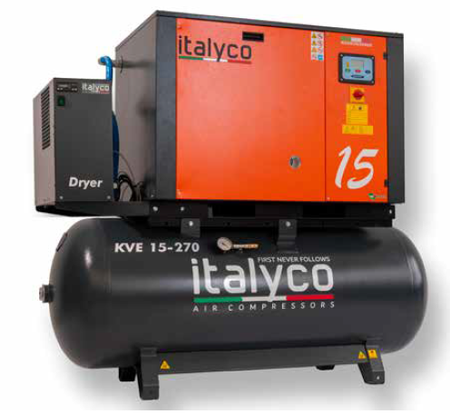 COMPRESSORE A VITE  KV 10/270 D, V400/50/3-270LT-10HP-7,5KW-10BAR CON SEBATOIO ED ESSICCATORE ESTERNO