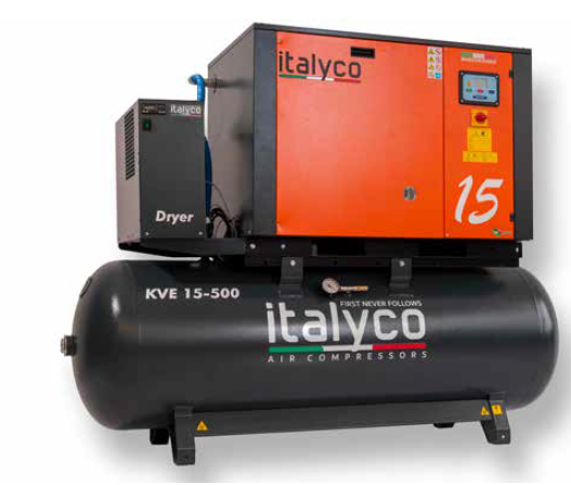 COMPRESSORE A VITE SILENZIATO ITALYCO  KV 20/500 D, V400/50/3 - 500LT - 20HP - 15KW - 10 BAR CON ESSICCATORE ESTERNO