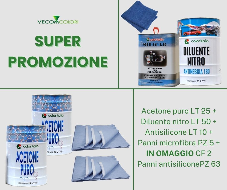 Acetone puro LT 25 + Diluente nitro LT 50 + Antisilicone LT 10 + Panni microfibra PZ 5 + OMAGGIO CF 2 Panni antisiliconePZ 63