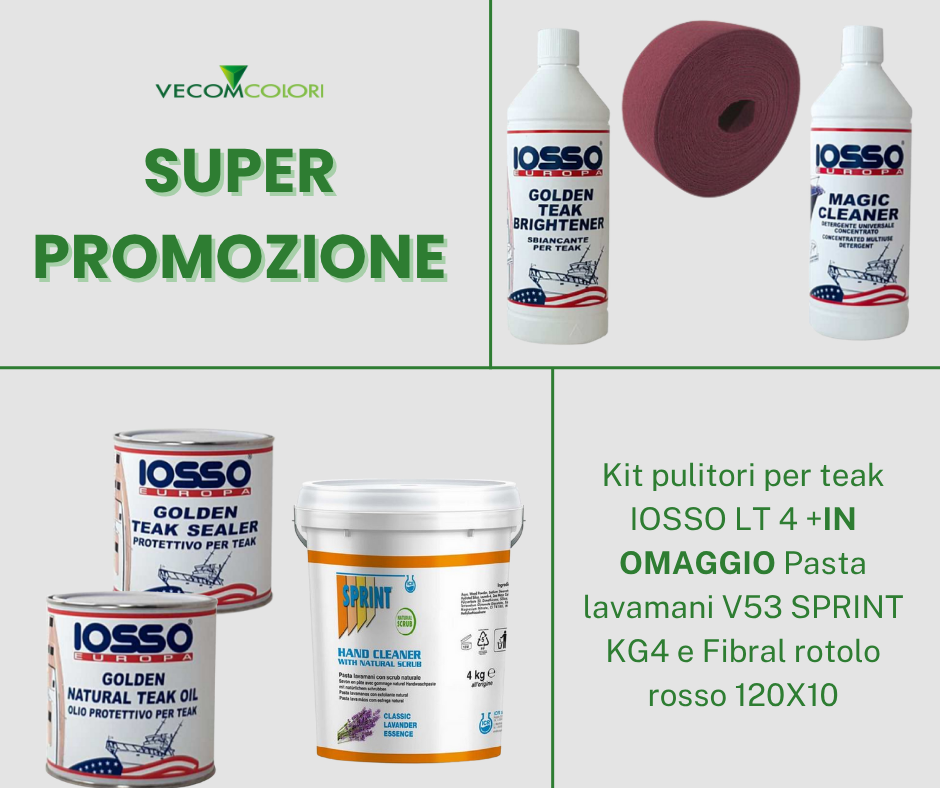 Kit pulitori per teak IOSSO LT 4 +IN OMAGGIO Pasta lavamani V53 SPRINT KG4 e Fibral rotolo rosso 120X10