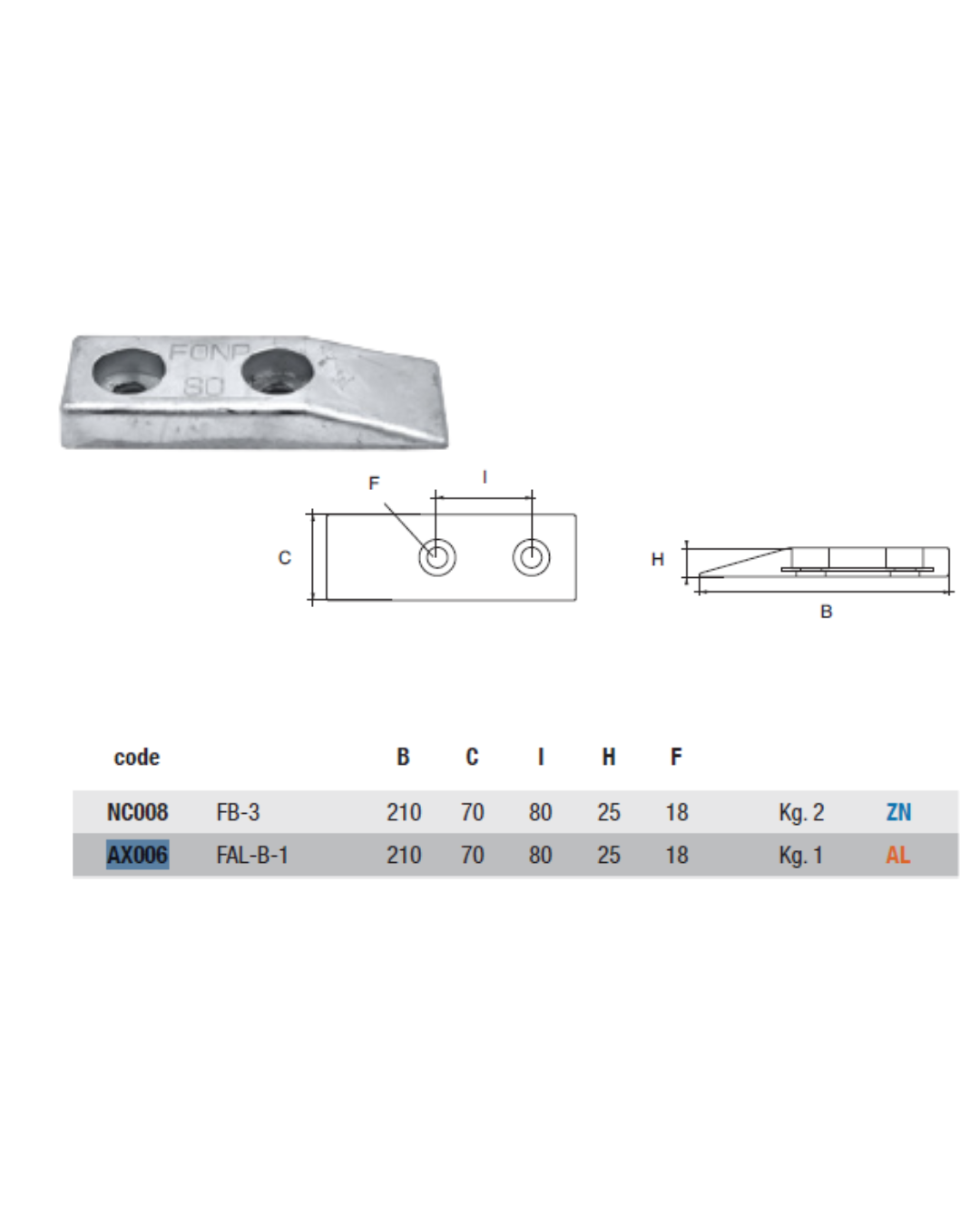AX006 ANODO POPPA FAL-B-1 ALLUMINIO MIS 210X70X25 FORO DIAM 18 KG 1