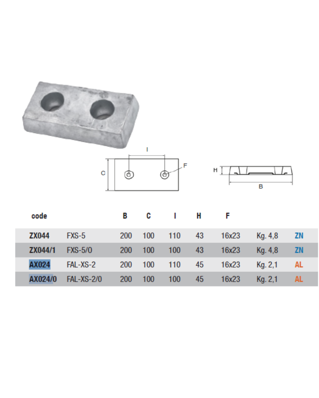 AX024 ANODO POPPA FAL-XS-2 MIS 200X100X45 FORO DIAM 22x26 KG 2,1