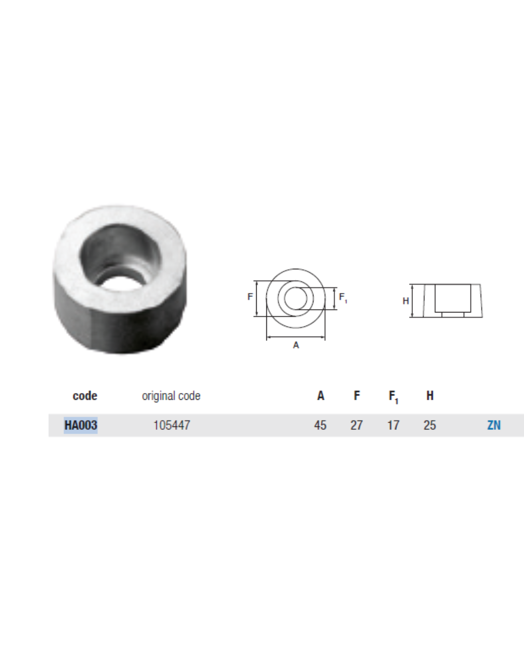 HA003 ANODO PER IDROJET HAMILTON PIASTRA MIS DIAM. 45 FORO DIAM. 17X27