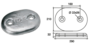 ZX005 ANODO DA IMBULL. FX-10 KG 9.8 MIS 290X210X32 F/F 160 2 ASOLE DIAM 22X26