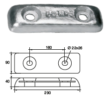 ZX009 ANODO DA IMBULL. FX-6 KG 5 MIS 290X90X40 F/F 160 2 ASOLE DIAM 22X26
