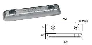 ZX012 ANODO DA IMBULL. FX-3 KG 3 MIS 290X55X30 F/F 200 2 ASOLE DIAM 11X15
