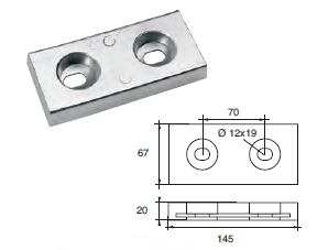 ZX014 ANODO DA IMBULL. FX-2A KG 1.5 MIS 145X67X20 F/F 70 2 ASOLE DIAM 12X19