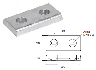 ZX015 ANODO DA IMBULL. FX-D3 KG 3.2 MIS 200X100X25 F/F 100 2 ASOLE DIAM 16X23