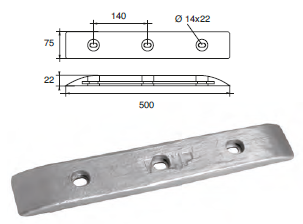ZX025 ANODO DA IMBULL. A-3 KG 5.4 MIS 500X75X22 3 ASOLE DIAM 14X22