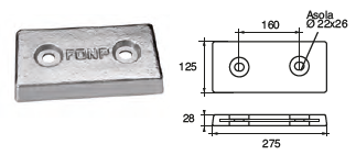 AX009B ANODO DA IMBULL. FX-8B KG 2.7 MIS 275X125X28 F/F 160 2 ASOLE DIAM 22X26 IN ALLUMINIO