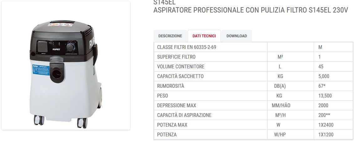 ASPIRATORE S145EL 45LT autopulente - sensore di liquidi RUPES